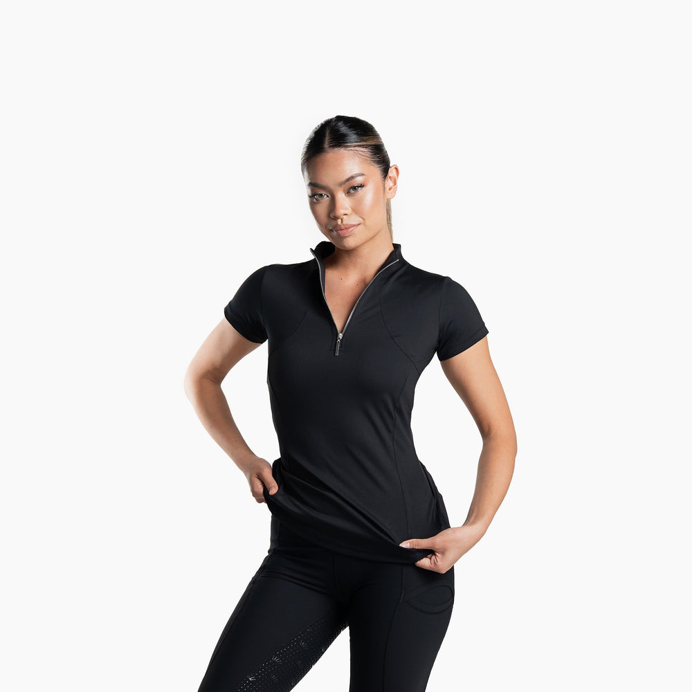 Women's Equestrian short sleeve baselayer with silver metal zipper, classy logo details and flattering fit for summer