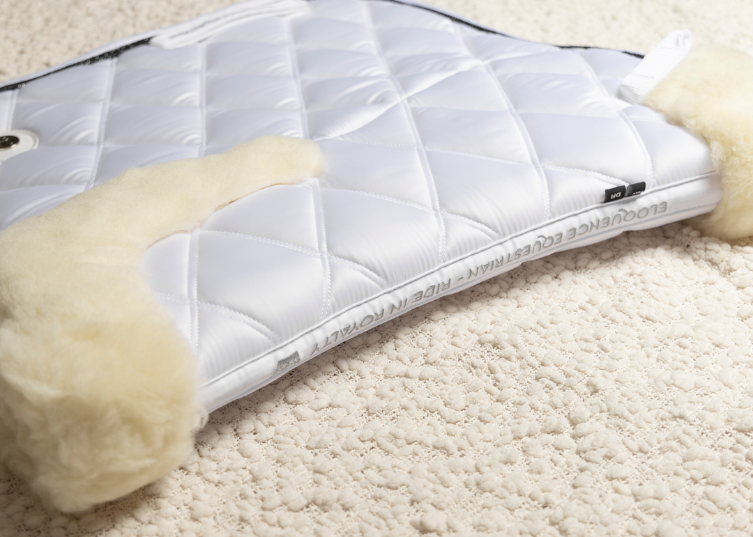 'The Queen' White Merino Full Fleece Black Jewel Saddle Pad
