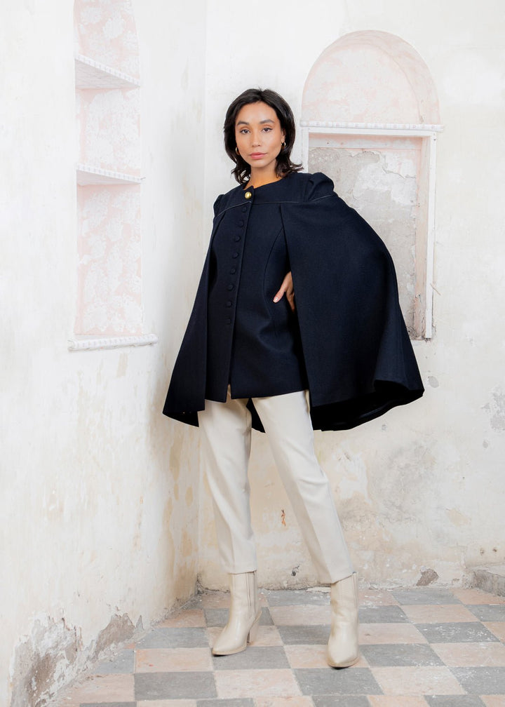 Jack Murphy Ireland - Aisling II Tailored Cape - Deep Navy Melton - Tweed