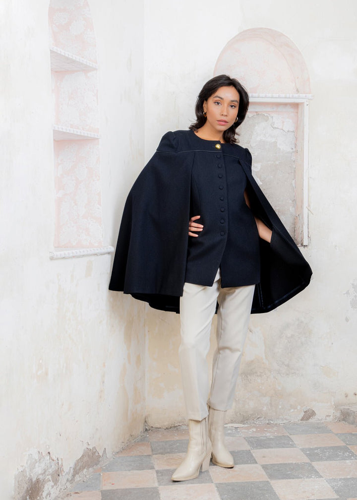 Jack Murphy Ireland - Aisling II Tailored Cape - Deep Navy Melton - Tweed