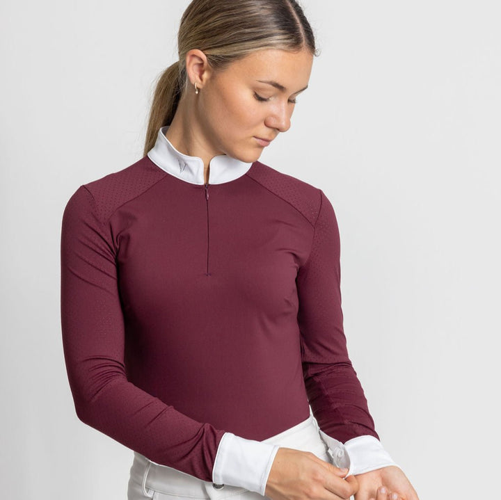 Victus Equestrian Timeless Long Sleeve Show Shirt in Merlot or Burgundy with a white collar and tailored fit. V logo crystals on collar.