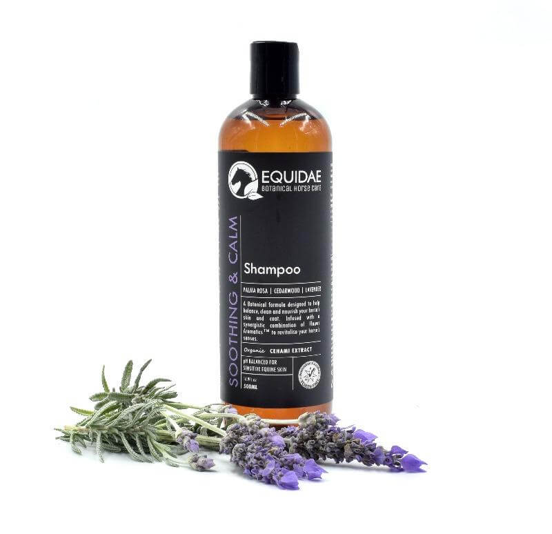 Bottle of sensitive skin horse shampoo with ingredients at its base including lavender and aloe vera to nourish skin and keep it moist