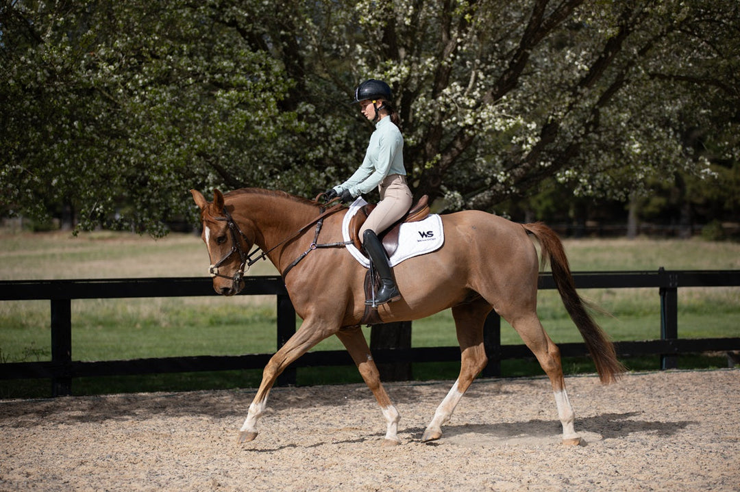 Model riding in Featherlight Training Shirt in Seafoam and Classic Hybrid Breeches in Urban Sand by Wilma Sport